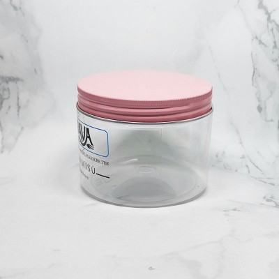 custom pink metal lid cosmetic cream transparent 300ml pet jar with silk printing logo